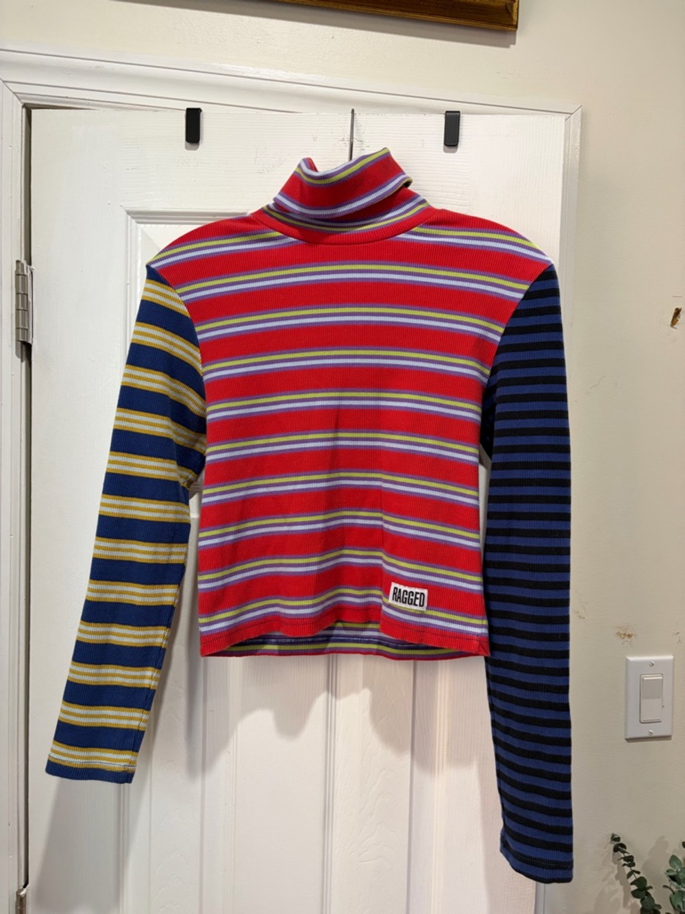 Ragged Priest Deadstock Striped Turtleneck Crop Top with Mixed Sleeves